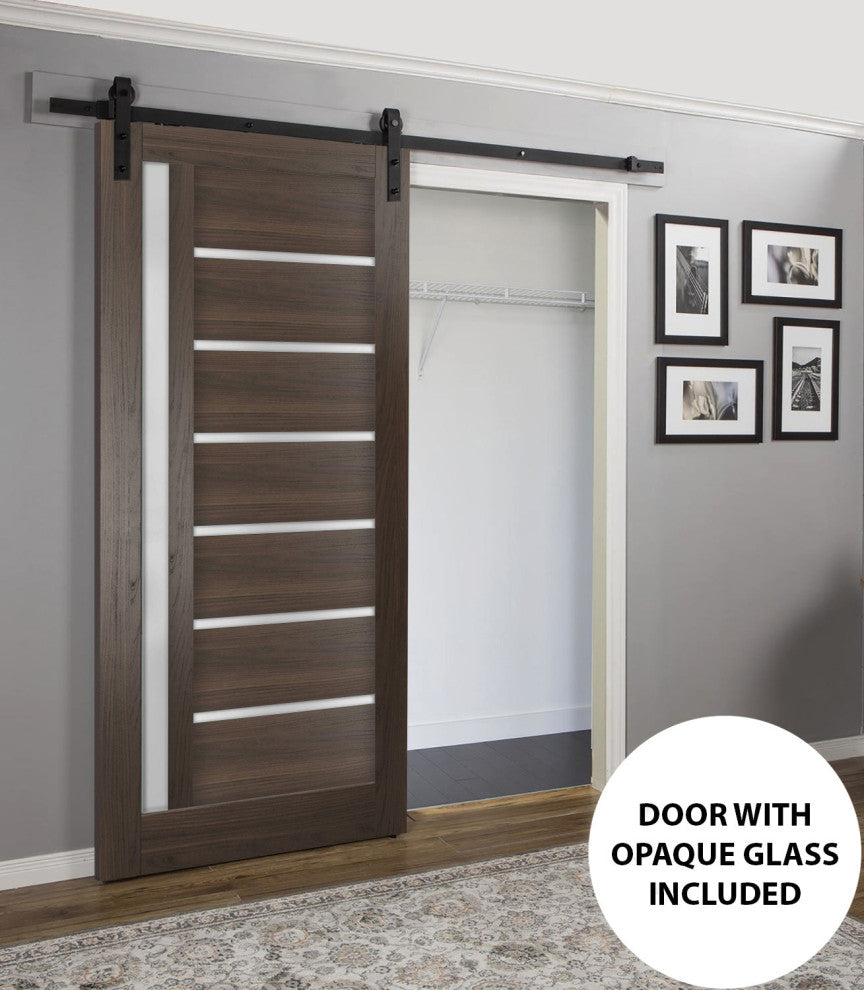 Barn Door 18 x 80 Frosted Glass, Quadro 4088 Chocolate Ash, Set 6.6' Rail