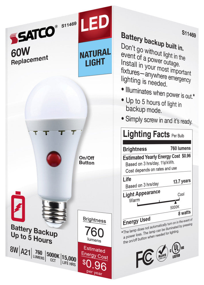 8W A21 LED, 5000K, Medium Base, 120V, 80 CRI, Battery Backup