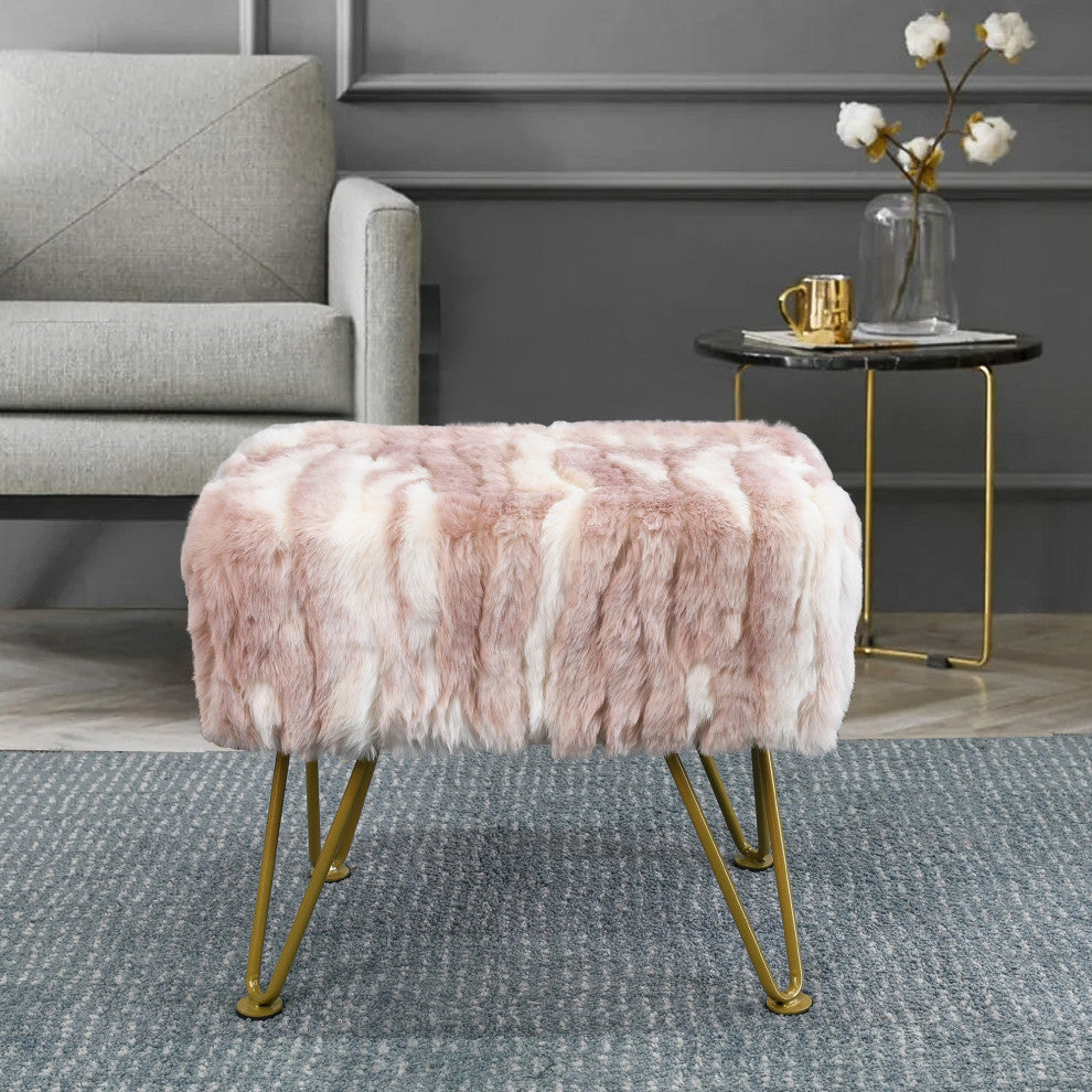 Soft Faux Fur Ottoman Fuzzy Entryway Bench Seat, Pink, 19"x13"x17"