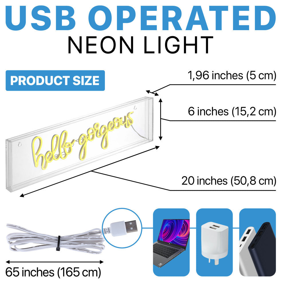 Hello Gorgerous 20" Contemporary Acrylic Box USB Operated LED Neon Light, Yellow