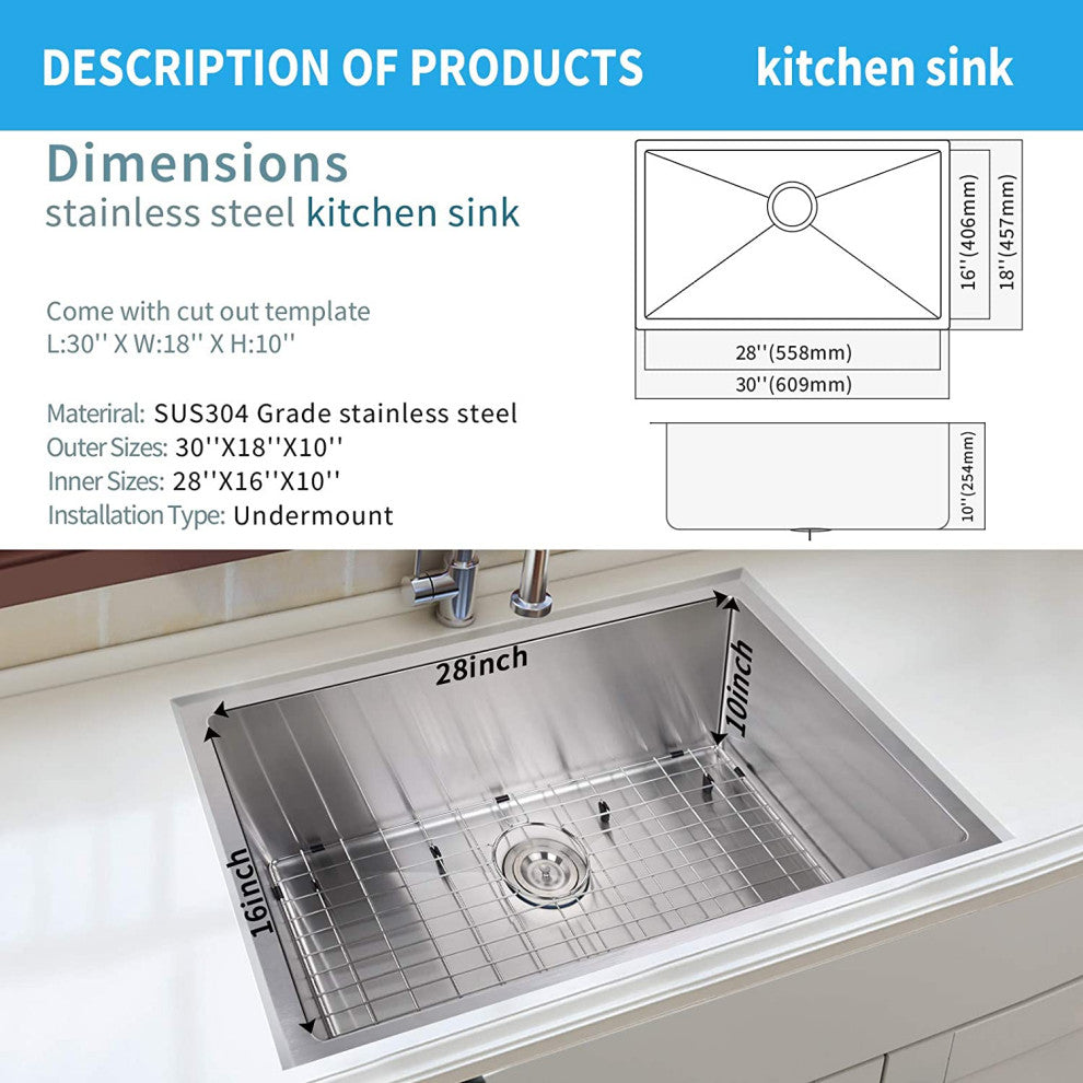Stainless Steel Undermount Single Bowl Kitchen Sink with Accessories, Silver, 30