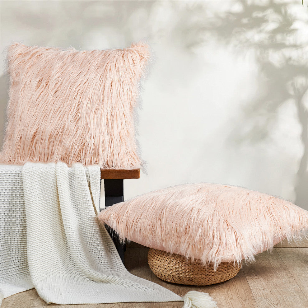 Mongolian Faux Fur Pillow Shell Set, Rose, 26"x26"