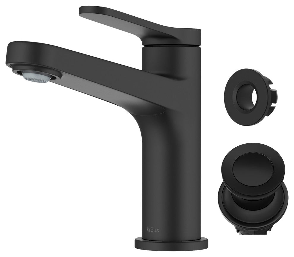 KRAUS Indy Single Handle Basin Bathroom Faucet Matte Black, Pop Up Drain