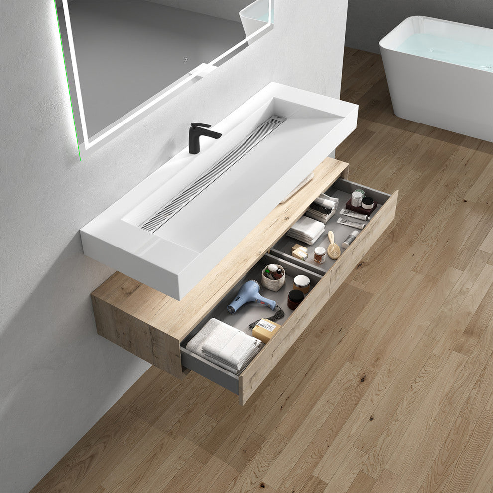 Alysa 60" Floating Bath Vanity, Acrylic Sink/Single Faucet Hole, Light Oak