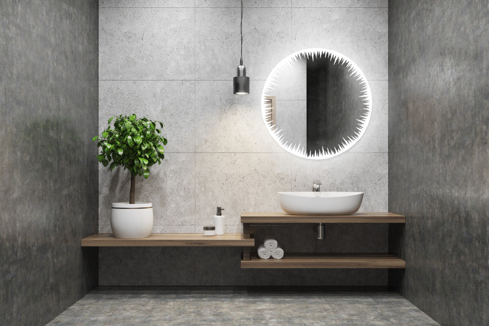 36" Flame, LED Lighted Round Mirror With Dimmer, Defogger, Touch Control.