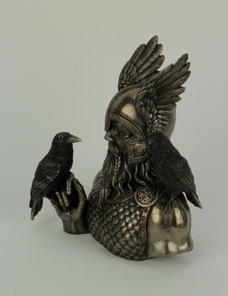 Norse God Odin in Winged Helm with Ravens Statue