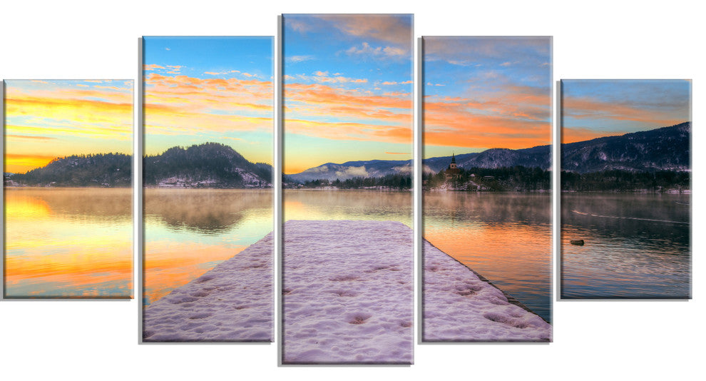 Bled With Lake in Winter Slovenia, Bridge Canvas Art Print, 60"x32", 5 Panels