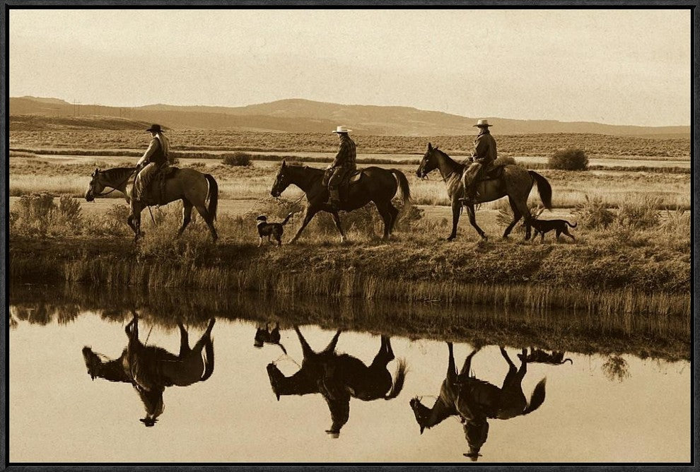 Cowboys and A Cowgirl Riding Horses Beside Pond, Oregon, Sepia, 30"x20"