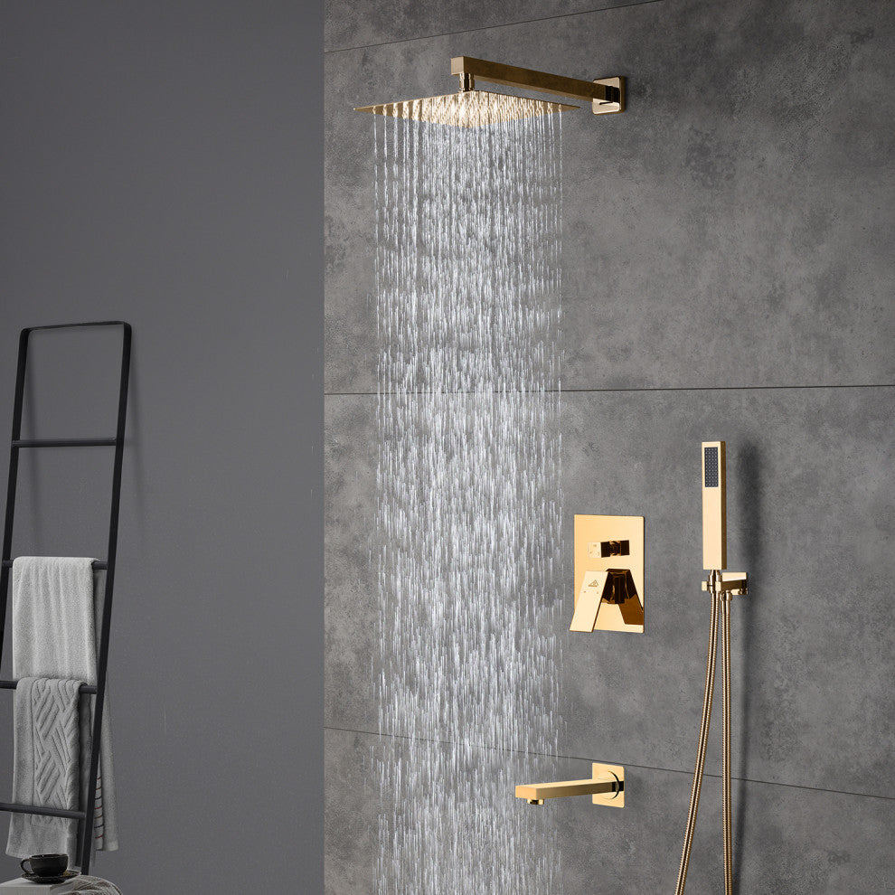CASAINC 10" Wall Mounted Luxury Dual Rainfall Shower System Kit w Bathtub Spout, Gold