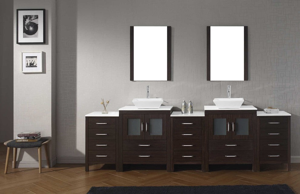 Dior 110" Double Bathroom Vanity, Espresso, White Stone, Chrome Faucets