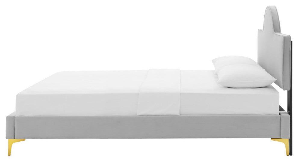Platform Bed Frame, King Size, Gray, Velvet, Modern, Bedroom Guest Suite