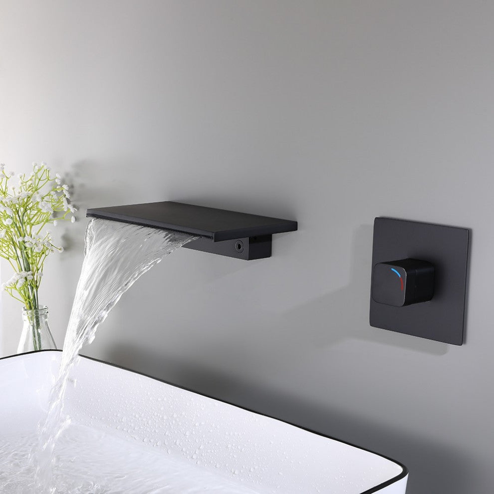 Waterfall Wall Mount Bathroom Sink Faucet Single Knob Solid Brass Matte Black