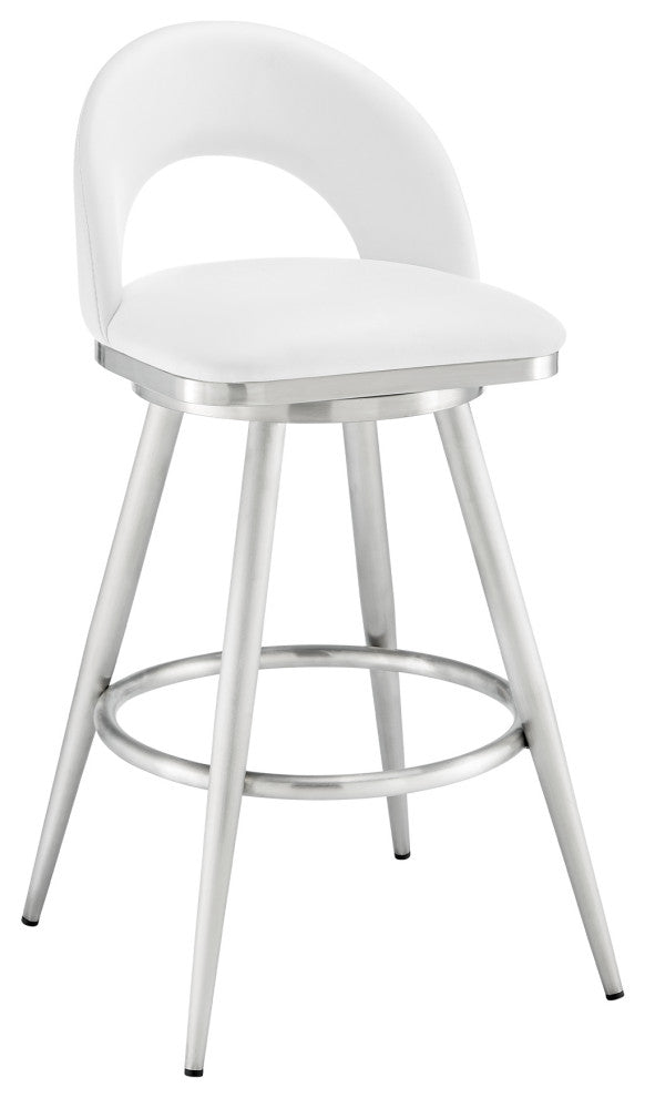 Lottech Swivel Bar Stool, Brushed Stainless Steel With Faux Leather, White