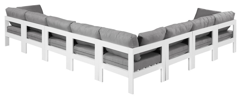 Nizuc Water Resistant Patio L-Shaped Modular Sectional, Gray, 8-Piece: 5 Armless Chair, 3 Corner Chair, White Aluminum Frame