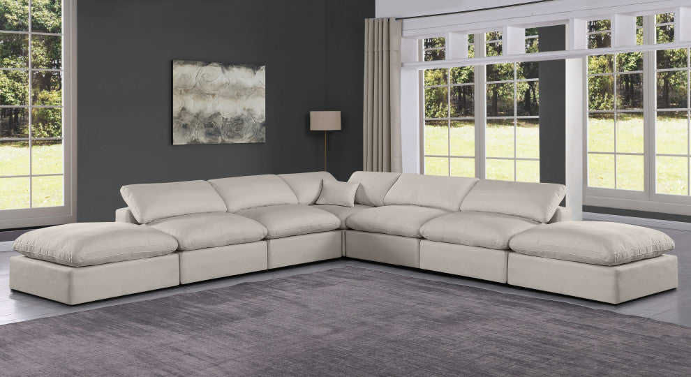 Comfy Upholstered L-Shaped Modular Sectional, Beige, 7-Piece: 4 Armless Chair, 1 Corner Chair, 2 Ottoman, Linen Textured Fabric