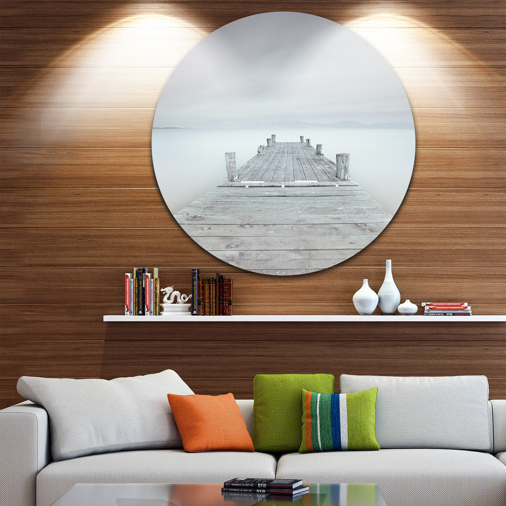 Wooden Pier In Cloudy Mood, Seascape Photo Disc Metal Wall Art, 36"