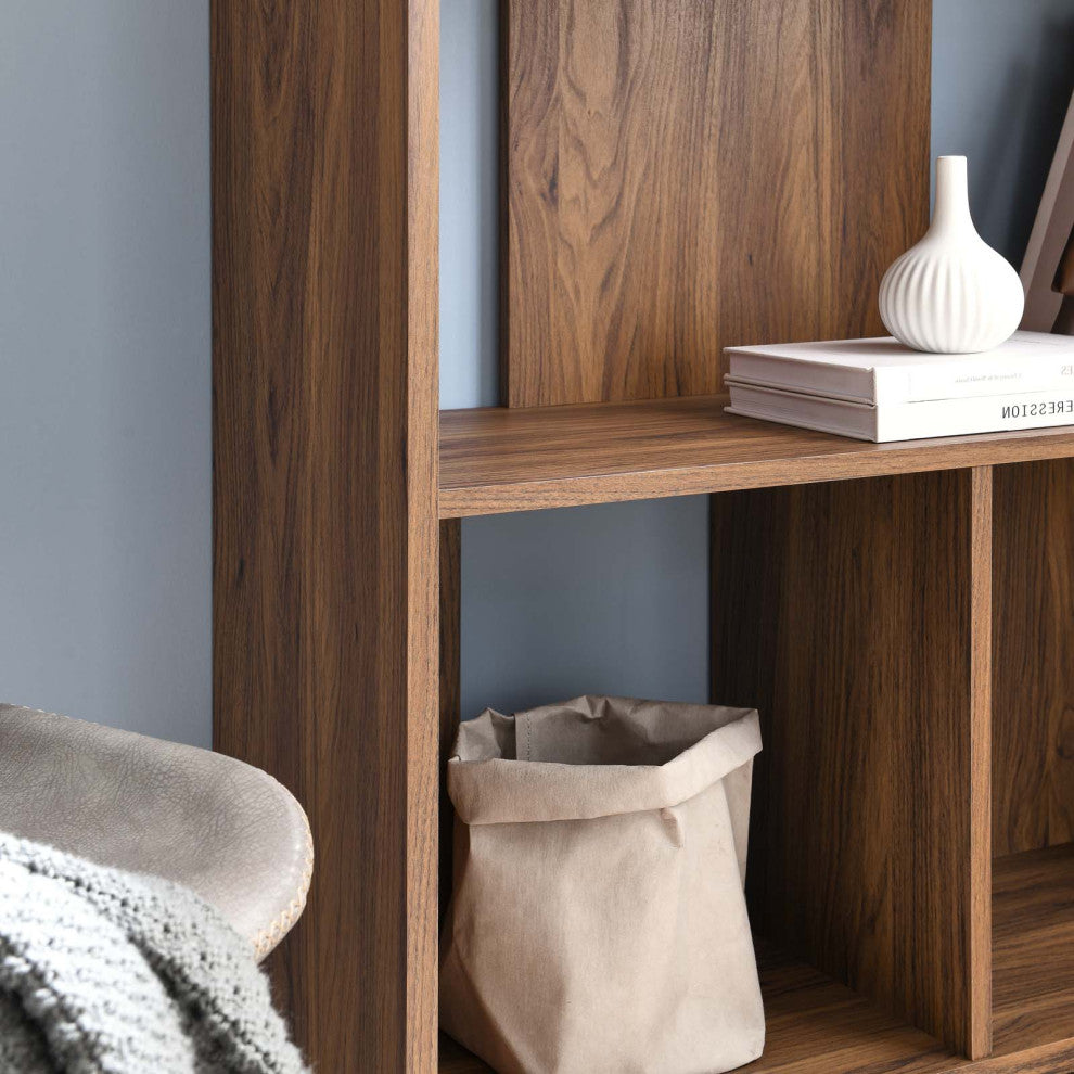 Bookcase Wall Shelf Rack, Walnut, Wood, Modern, Mid Century Hotel Lounge Cafe