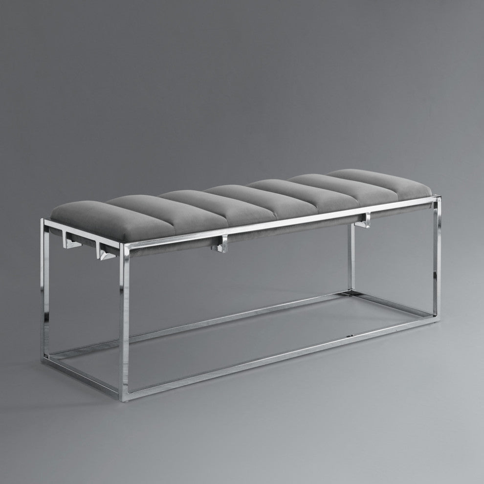 50" Gray And Silver Upholstered Velvet Bench