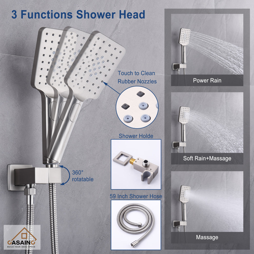 CASAINC 12" Ceiling Mounted Modern Waterfall Shower System Set, Brushed Nickel