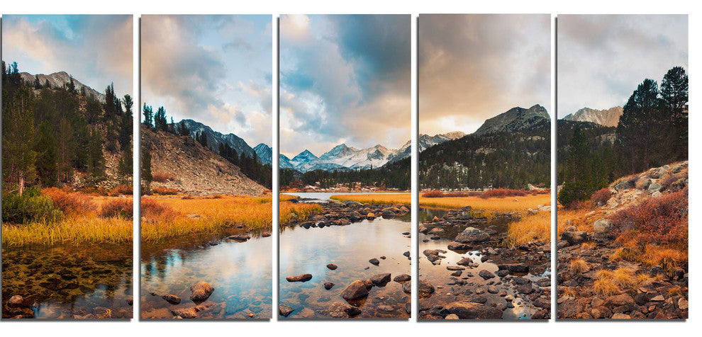 "Rocky Lake Sunset Panorama" Modern Seashore Canvas Art, 5 Panels, 60"x28"