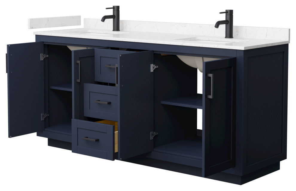 72"DBL Vanity Dark Blue, Light-Vein Carrara Cult. Marble Top, Sinks, Black Trim