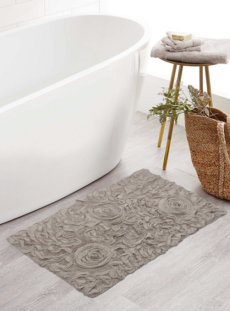 Bell Flower Collection Cotton Bath Rug, 21"x34", Linen