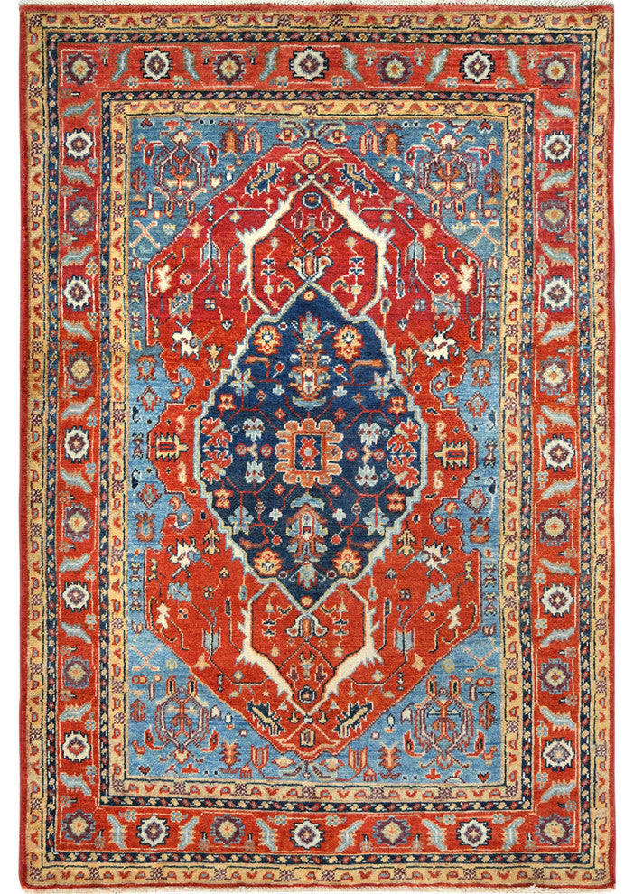 Imperial Red, Afghan Peshawar Heriz Wool Hand Knotted Oriental Rug, 4'x5'9"