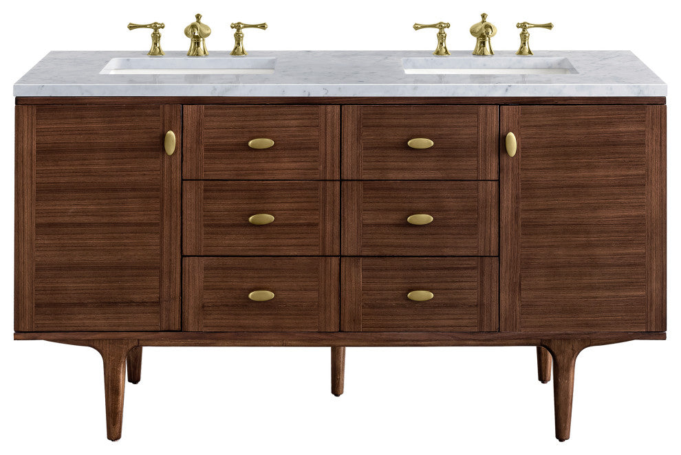 Amberly 30" Single Vanity, Mid-Century Walnut, 60", Carrara Marble, Three-Hole