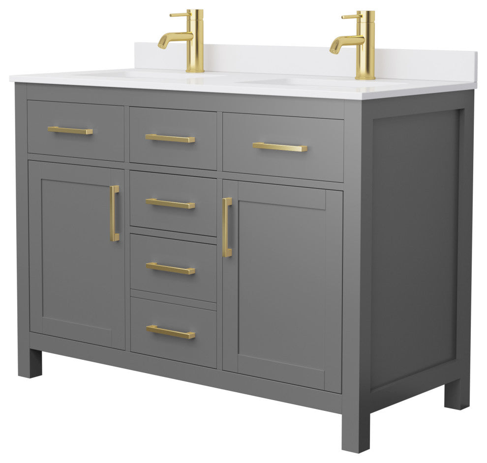 48"DBL Bathroom Vanity Dark Gray, White Cult.Marble Countertop, Sinks, Gold Trim