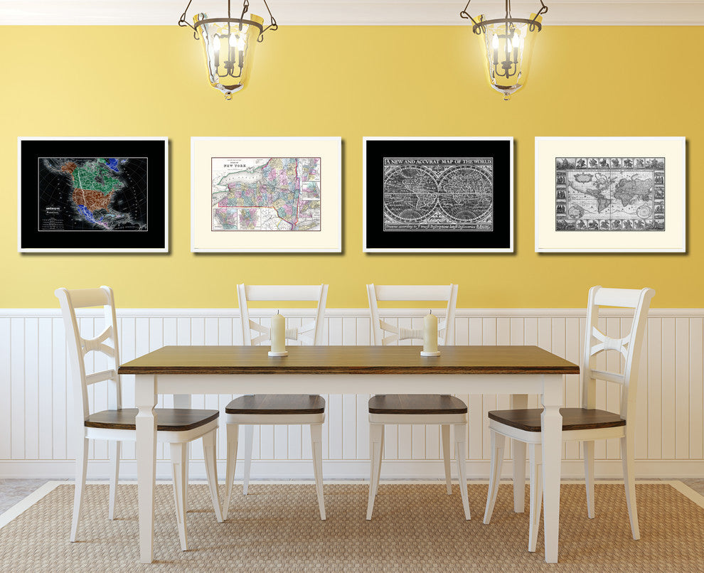 New York Old Map Print On Canvas With Picture Frame Art Collection 16" X 21"