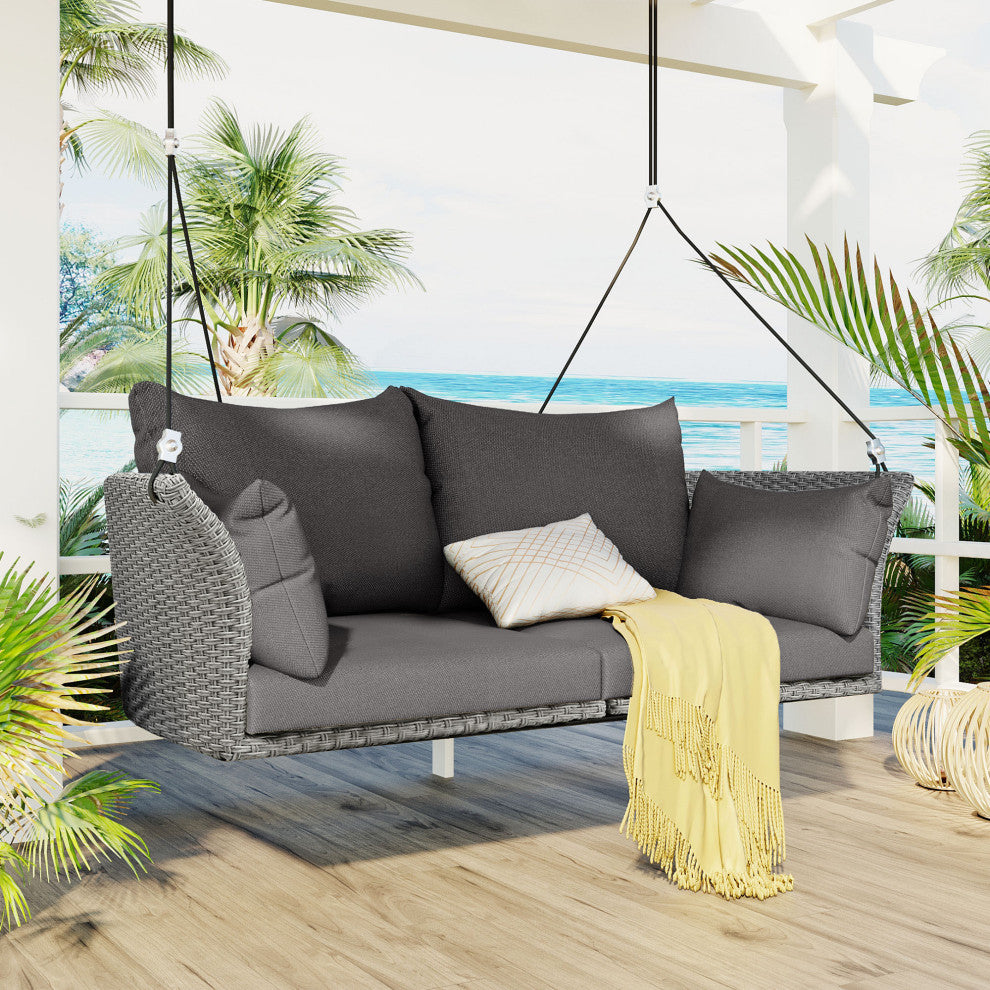 Outdoor Patio 2-Person Hanging Rattan Woven Porch Swings, Cushions