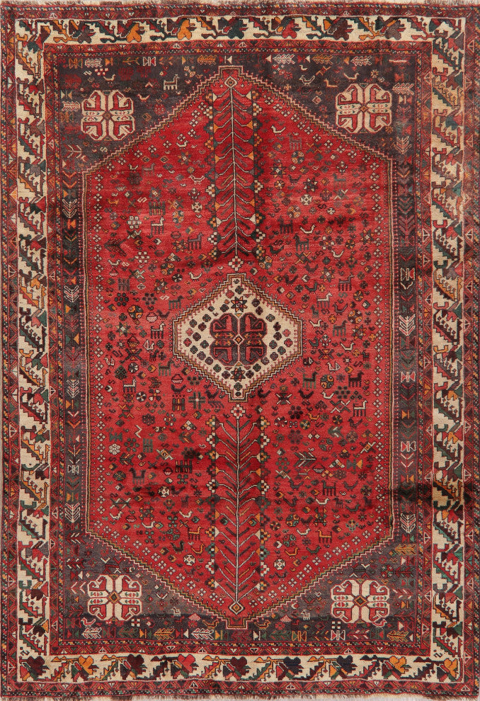 Consigned, Faded Vintage Traditional Handmade Persian Abrash Area Rug, Red, 7x10