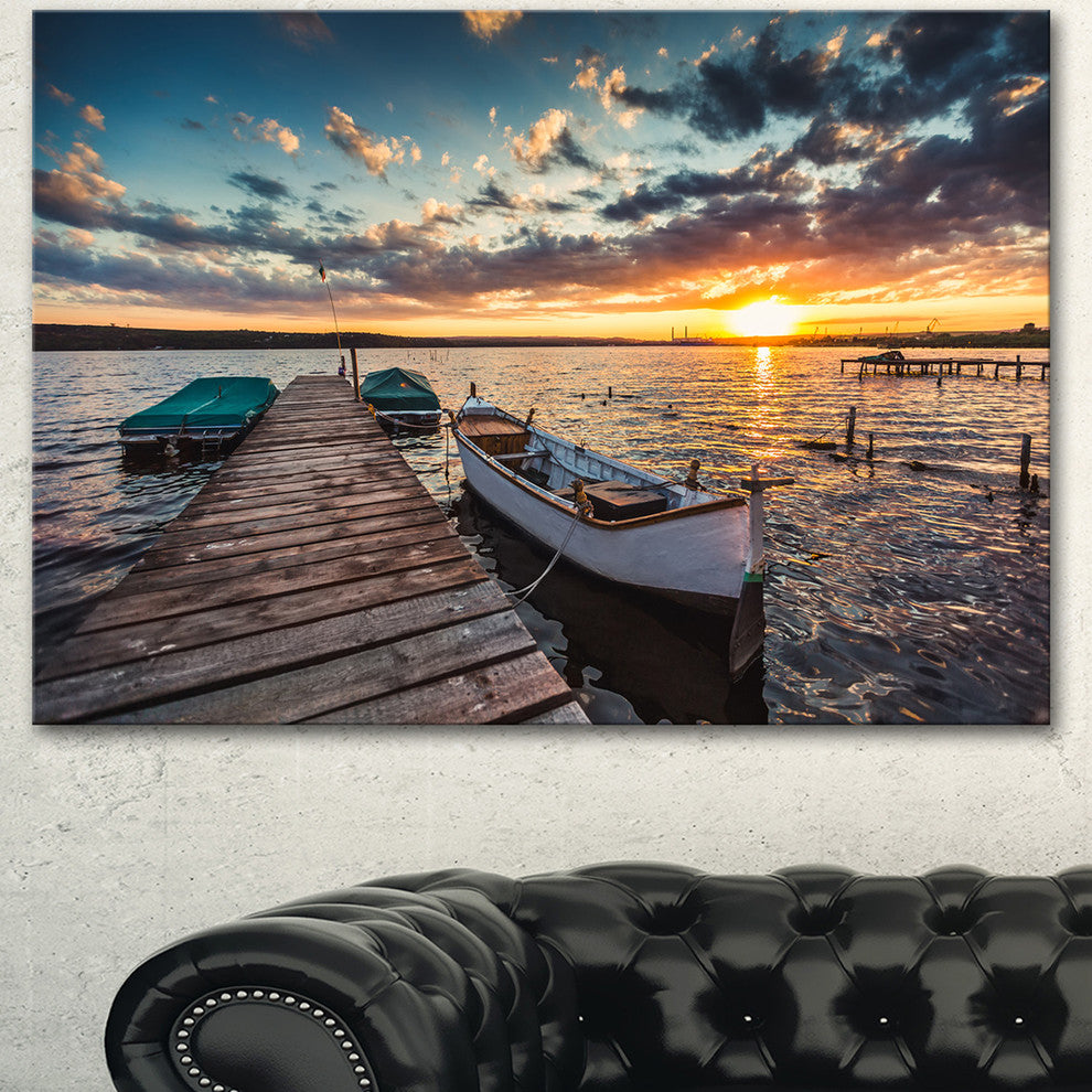 Boats and Jetty under Dramatic Sky, Modern Canvas Art Print, 60"x28"