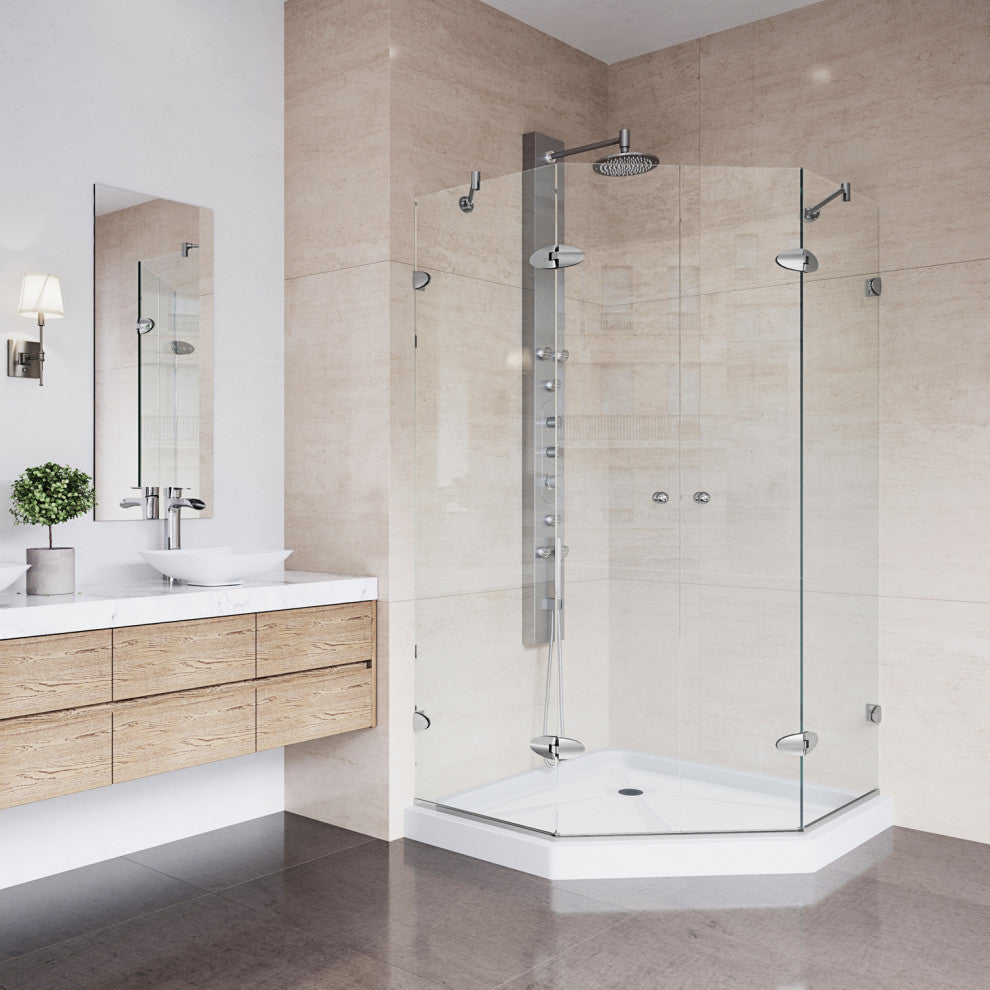 VIGO Gemini Frameless Hinged Neo-Angle Shower Enclosure, Chrome, 42" D X 42" W, Low Base