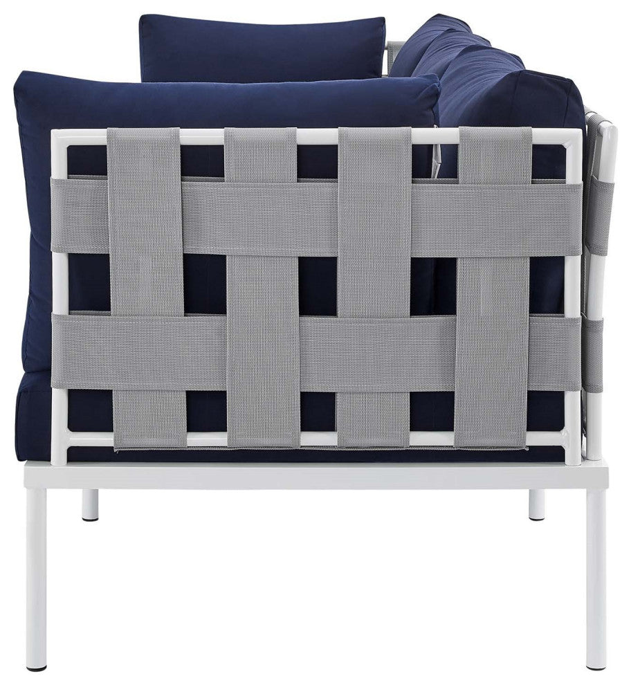 Lounge Sofa, Sunbrella, Aluminum, Metal, Gray Blue Navy, Modern, Outdoor