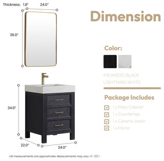 Leon Bath Vanity With Composite Stone Top, Fir Wood Black, 24", With Mirror