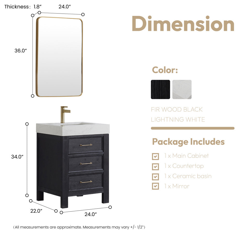 Leon Bath Vanity With Composite Stone Top, Fir Wood Black, 24", With Mirror