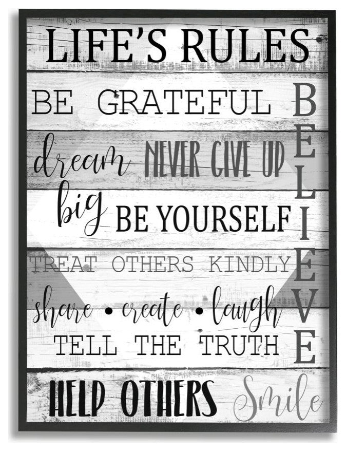 Life's Rules Phrases on Wood Grain Black White Word Design,1pc, each 16 x 20