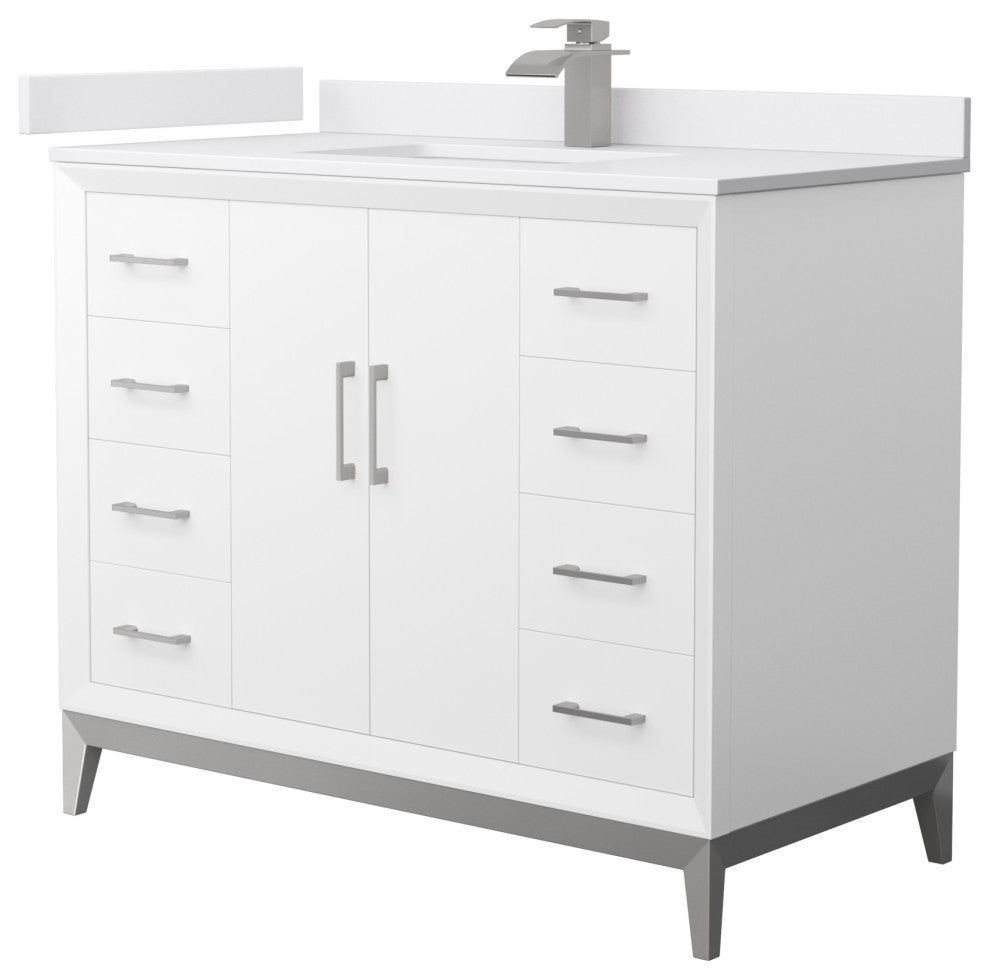 Amici 42" White Single Vanity, White Cultured Marble Top, Brushed Nickel Trim