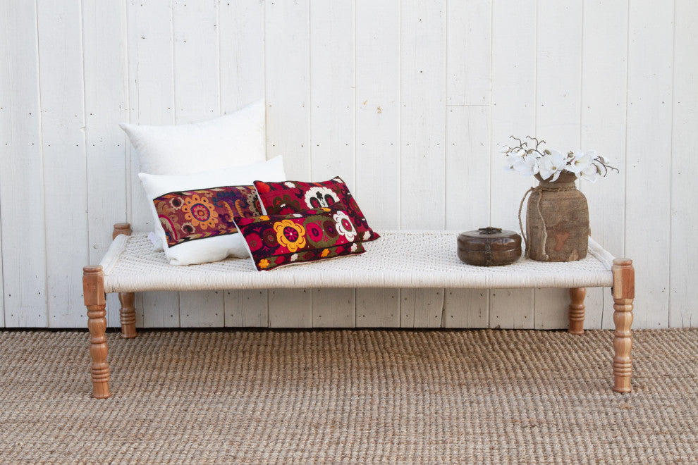 Bleached Wood and White Woven Charpai Coffee Table
