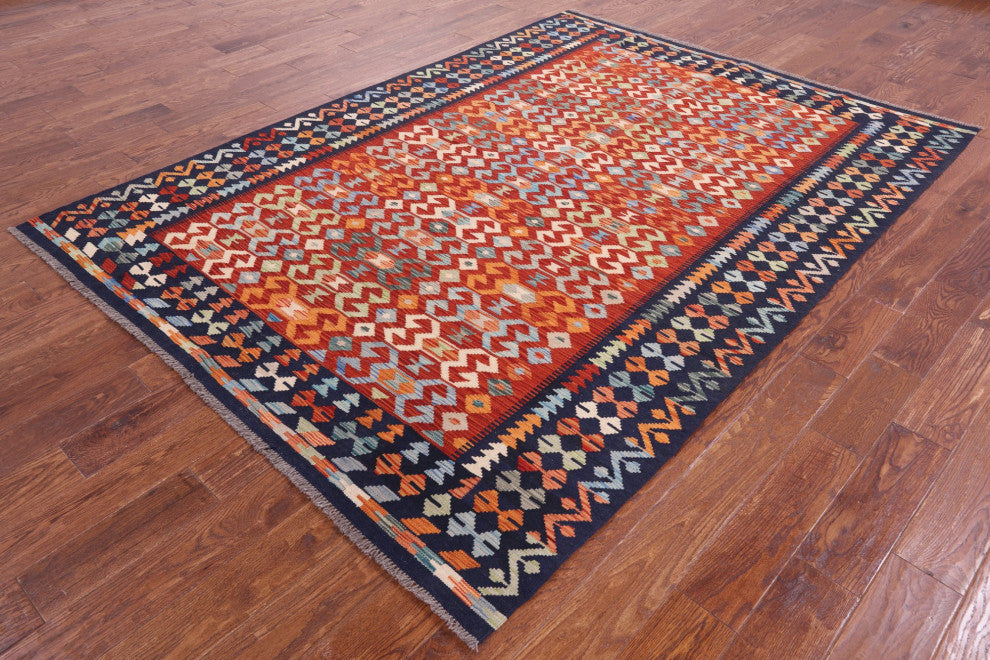 6' 3" X 8' 7" Flat Weave Kilim Reversible Wool On Wool Rug Q9481