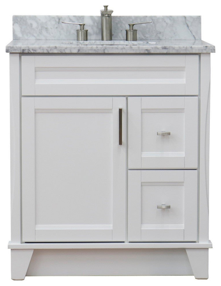 31" Single Sink Vanity, White Finish With White Carrara Marble With Oval Sink