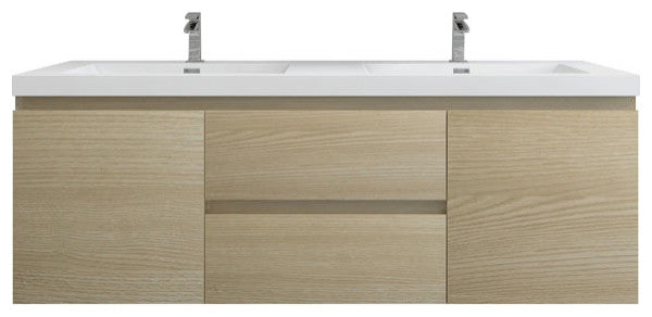 BTO 60" Wall Mounted Bath Vanity With Reinforced Acrylic Sink, Double Sink, White Oak