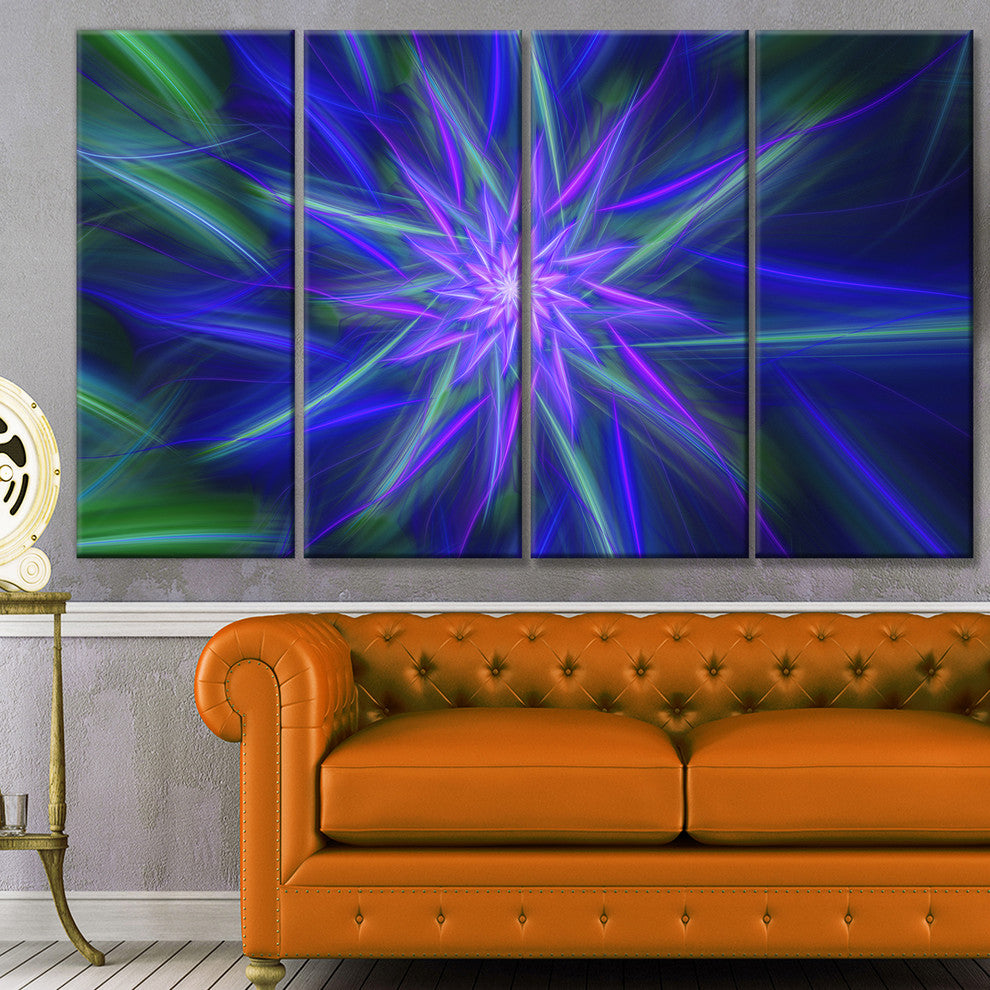 Shining Blue Exotic Fractal Flower, Floral Canvas Art Print, 48"x28", 4 Panels
