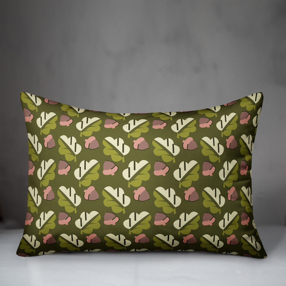Acorns and Leaves Pattern in Green Throw Pillow