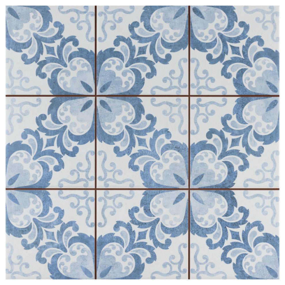 Harmonia Classic Ceramic Floor and Wall Tile, Floral Lattice Blue