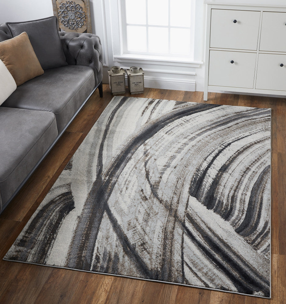 Illusions Elements Abstract Watercolor Area Rug, Ivory/Grey, 5'3 X 7'7