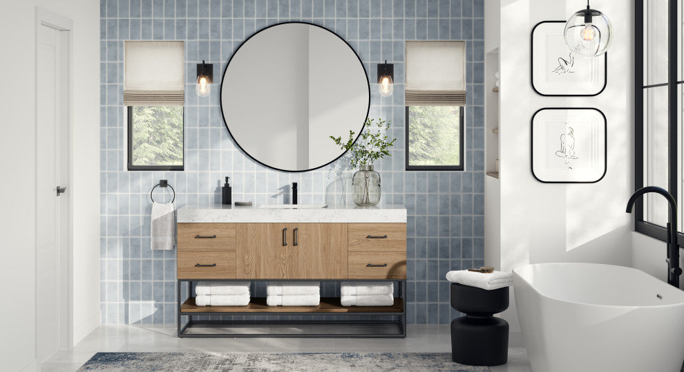 Bahia Bath Vanity, Oak, 60", Matte Black Hardware, Single, Freestanding