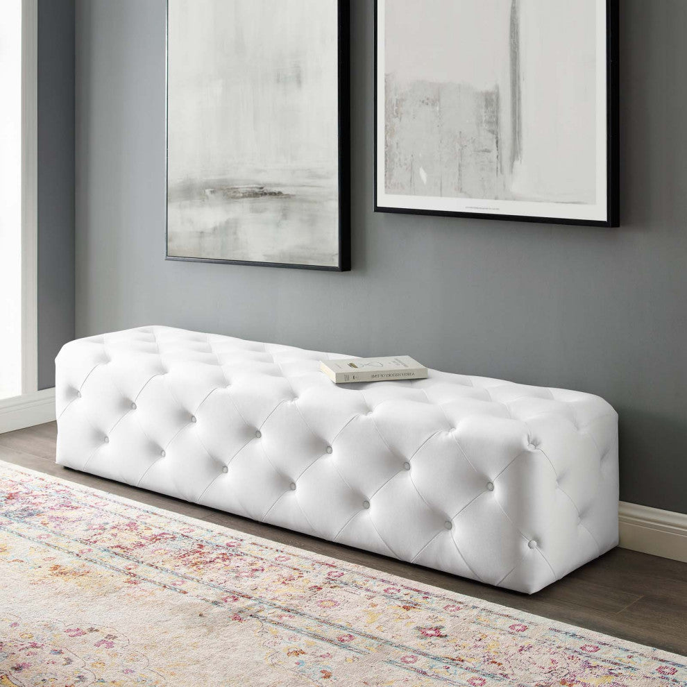 Tufted Accent Chair Bench, Faux Leather, White, Modern, Lounge Hospitality
