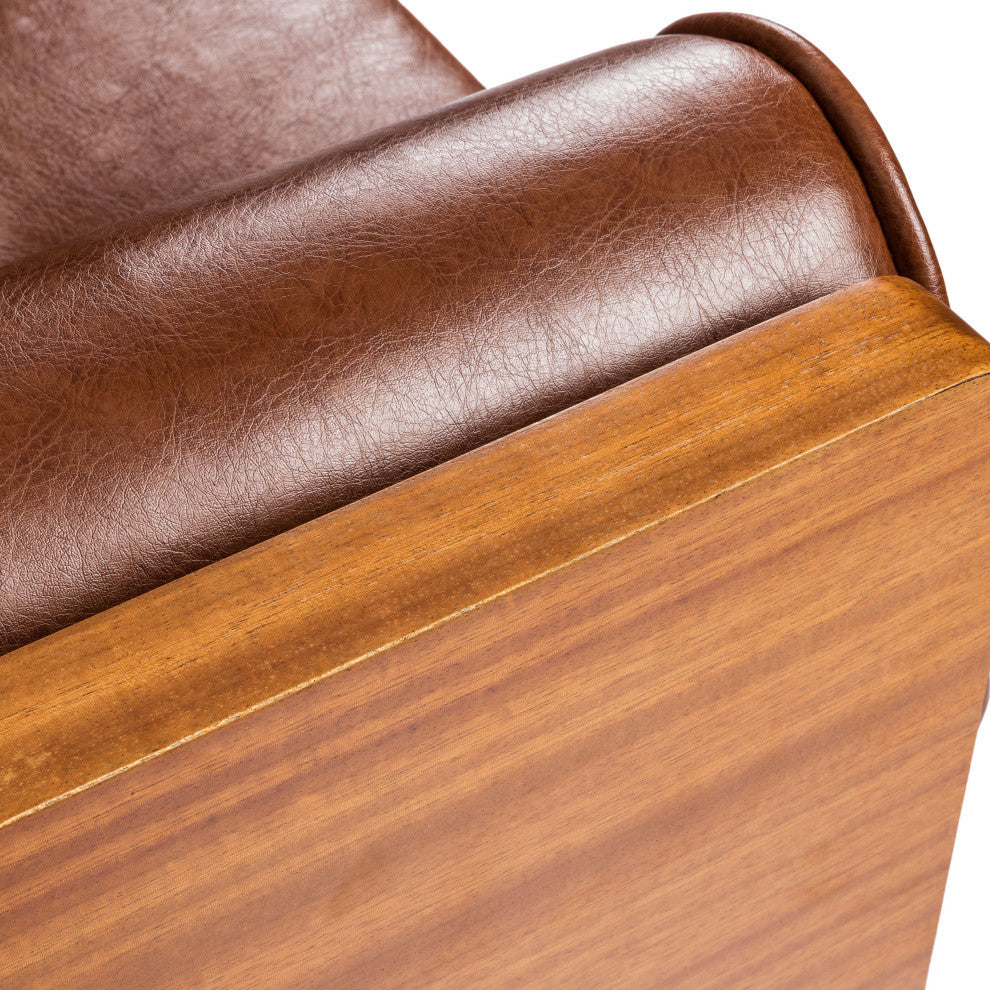 Neil Tufted Sofa With Rolled Accent Pillows, Cognac Brown, Dark Walnut, Gold